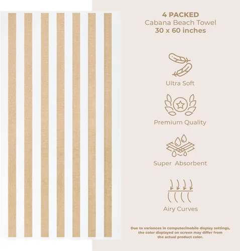 Miniatura 3 de American Soft Linen Cabana - Toallas de playa a rayas, 30 x 60 pulgadas, 4 piezas, toallas de piscina de gran tamaño, secado rápido, sin arena, Beige