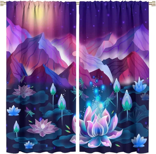 Cortinas opacas abstractas con bolsillo para barra de flores de loto de dibujos animados, acuarela, colorido, galaxia, montañas, libélula para