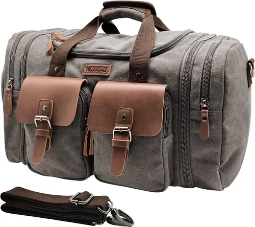 Miniatura 19 de Wildroad Bolsa de viaje de lona de 50L, bolsa de lona expandible de cuero genuino, bolsa de fin de semana mejorada para una noche, bolsa de mano