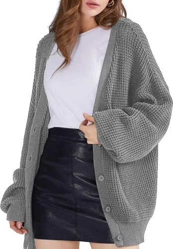Miniatura 6 de QUALFORT - Suéter tipo cárdigan de punto para mujer, 100% algodón, de manga larga, con botones y de gran