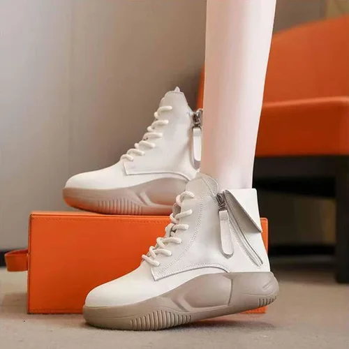Miniatura 6 de MSYINGL Botas Martin de suela gruesa para mujer, zapatos mecedores de cuero, zapatos de caña alta con cordones, zapatos cortos casuales