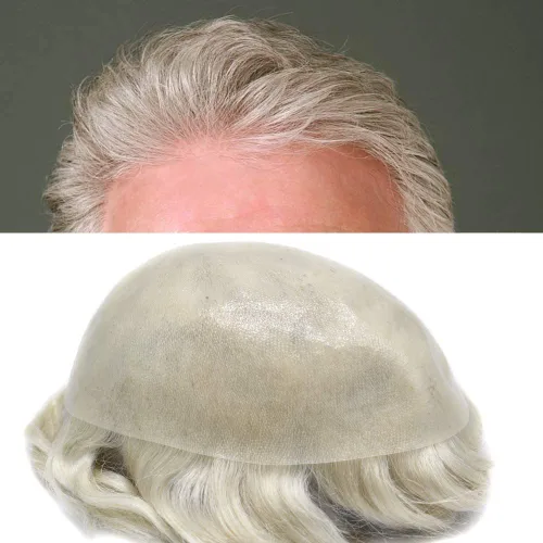 Miniatura 42 de Toupee para hombres pieza de pelo 0.002 in piel ultra fina para hombre Toupee cabello humano gris sistema de reemplazo para hombres sistema