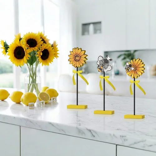 Miniatura 4 de Smile - 3 piezas de decoración de madera para interiores, estilo de abeja de girasol, centros de mesa de verano para el hogar, cocina, exhibición