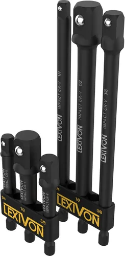 LEXIVON Juego de adaptadores de enchufe de grado de impacto de 6 piezas, broca de extensión de 3 y 6 pulgadas con soporte, accionamiento de 1/4, 3/8