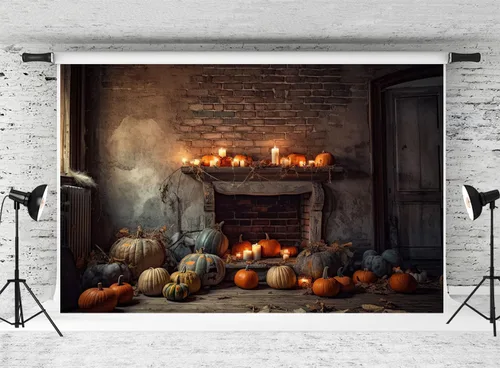 Kate Telón de fondo de chimenea de otoño de Halloween para fotografía, otoño, día de Acción de Gracias, pared de ladrillo, decoración de fiesta
