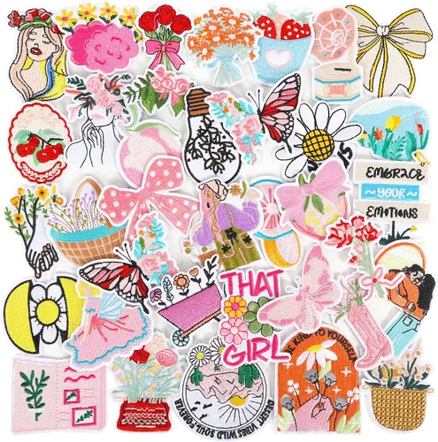 Miniatura 8 de NICEVINYL Parches aleatorios para planchar en la ropa: 120 unidades con diseños de flores y corazones, parches con mariposas lindas bordadas