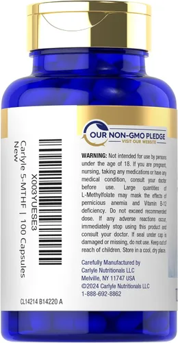 Miniatura 3 de Carlyle Suplemento 5-MTHF 15mg 100 cápsulas L-metilfolato Sin OMG, sin gluten Calidad premium