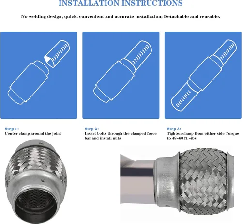Miniatura 7 de Tubo Flexible de Escape con Entrada de 1.75 pulgadas, ID x 4 de Longitud Tubo Flexible, Acero Inoxidable Doble Trenza Resistente Tipo Universal Tubo