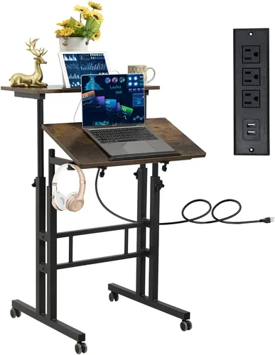 Miniatura 13 de Hadulcet Escritorio móvil de pie con estación de carga, escritorio ajustable para computadora de pie, carrito ajustable para laptop con ruedas