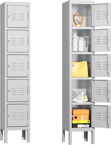 Greenvelly Taquillas de metal de 5 niveles para empleados, armarios de acero para gimnasio, armario de almacenamiento de metal con rejillas, armario