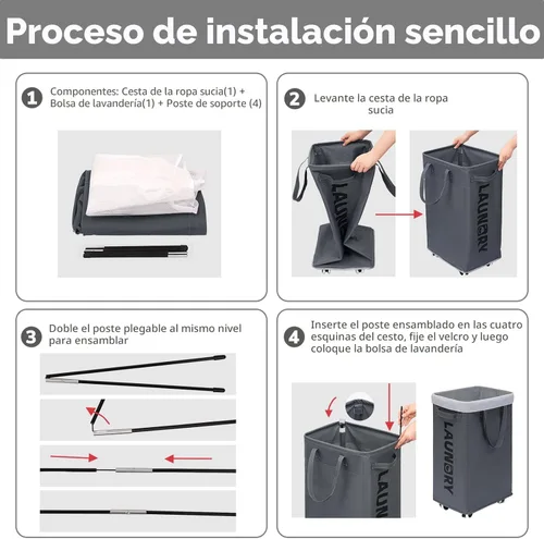 Miniatura 2 de Goodpick Cesta de lavandería con ruedas, cesta para la ropa sucia con bolsa de lavado extraíble, cesta de ropa sucia rodante, artículos esenciales