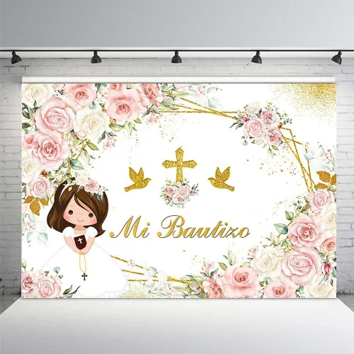 Miniatura 7 de MEHOFOND Mi Bautizo - Telón de fondo para niña, fondo de bautismo floral rosa con cruz dorada, fondo bohemio para bautizo de primera comunión, fondo