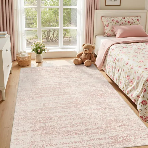 Miniatura 4 de Soalmost Alfombras de área rosadas de 5 x 7 pies para guardería, alfombras lavables vintage con estampado floral antideslizante de pelo bajo