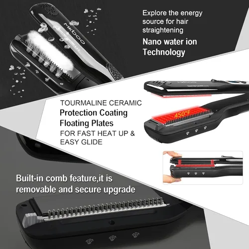 Miniatura 6 de Plancha de pelo con vapor, plancha plana de vapor de cerámica Nano Titanium profesional con peine extraíble+LCD digital+temperatura ajustable de 5