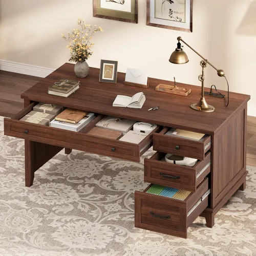 Miniatura 4 de Escritorio ejecutivo de 53.5 pulgadas con toma de corriente, escritorio de oficina en casa con cajones, escritorio de trabajo de madera