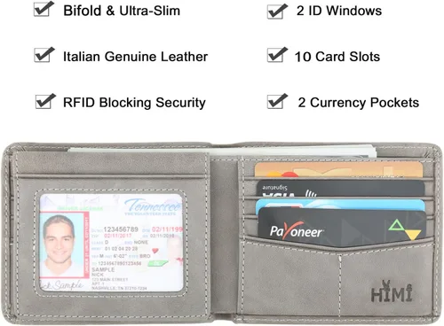 Miniatura 24 de HIMI - Cartera elegante de cuero auténtico para hombre, con bloqueo de interferencia de radiofrecuencia (RFID), con 2 ventanas para identificación