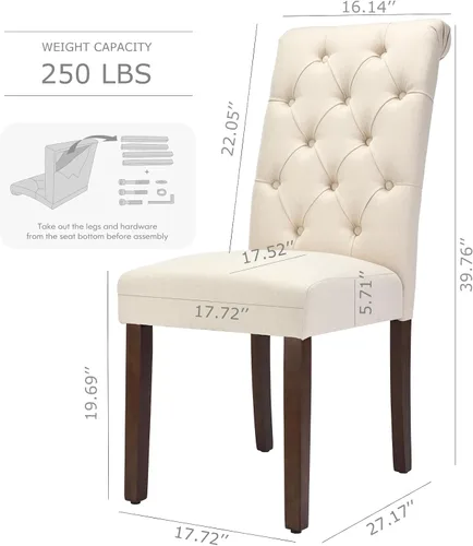 Miniatura 3 de Juego de 2 sillas de comedor capitoné, sillas de comedor Parsons tapizadas, sillas auxiliares de cocina de tela con patas de madera, beige