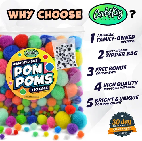 Miniatura 5 de 410 unidades – Pompones Jumbo para suministros de manualidades – 360 pompones peludos de colores grandes y pequeños surtidos con 50 ojos saltones