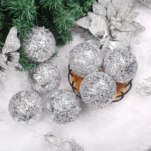 Miniatura 5 de Adornos de bola de Navidad colgantes de 4 piezas en plata, decoraciones de bolas de Navidad irrompibles para árboles, decoraciones para bodas