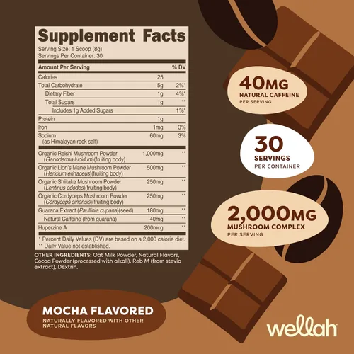 Miniatura 2 de Wellah Wake Up Adaptogenic - Mezcla de bebida de hongos con sabor a moca (30 porciones) – 40 mg de cafeína natural, 2000 mg de complejo de hongos