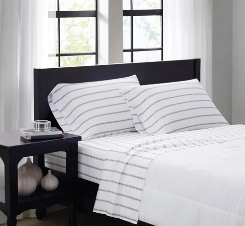 TRULY SOFT Ticking Stripe - Juego de sábanas de poliéster de 4 piezas con diseño de rayas, para hombres y mujeres, certificado Oeko-TEX Blanco/Gris