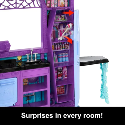 Miniatura 4 de Monster High Boo-tique Hotel Casa de Muñecas, juego plegable con sorpresas espeluznantes en cada habitación y más de 13 piezas, incluyendo muebles