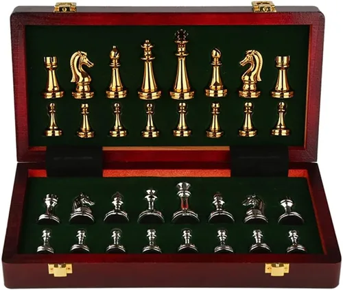 Juego de ajedrez de metal grande de 11 pulgadas, caja de madera portátil con piezas de aleación, tablero plegable, ideal para adultos