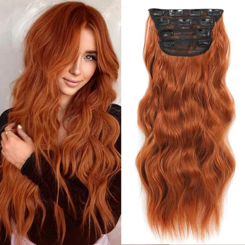 Miniatura 11 de NAYOO 4 piezas Extensiones de cabello con pinza, ondas largas y rizadas, sintéticas, gruesas, con fibra de doble trama, para mujeres, color cobre