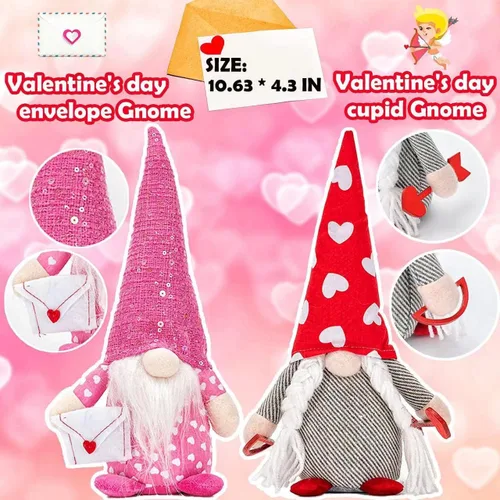 Miniatura 2 de Decoración de gnomo de San Valentín de elfo de peluche – 4 gnomos suecos hechos a mano de peluche de elfo escandinavo Tomte – Adorno de mesa