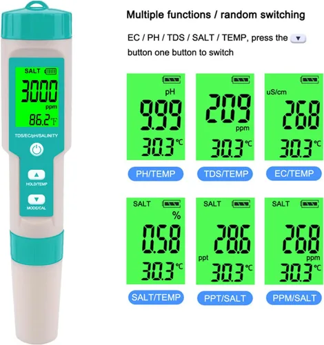 Miniatura 5 de Probador de sal de piscina – Medidor de salinidad multifuncional 5 en 1, PH, TDS, EC y temperatura, kit de prueba de salinidad de piscina, probador