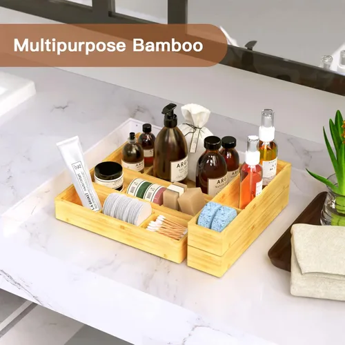 Miniatura 5 de DUJEN 5 piezas Organizador de cajones de bambú ajustable, organizador de 3 cajones individuales para basura para baño y cocina, cajas organizadoras