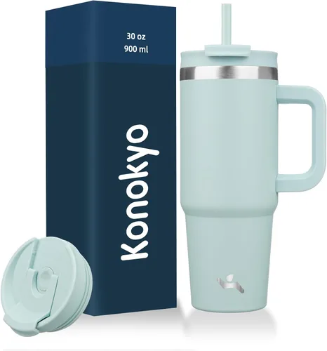 Miniatura 23 de Konokyo - Vaso de 40 onzas con asa y 2 pajillas, botella de agua aislada 2 en 1 con tapa. Taza de viaje de acero inoxidable para café, flores