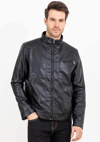Miniatura 5 de VICALLED Chaqueta de cuero para hombre, ajuste delgado, cuello alto, chaqueta de motocicleta de poliuretano, ligera