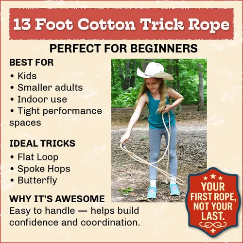 Cotton Trick Rope Lasso |Cowboy and Cowgirl | Beginner to Advanced Lariat Looper for Kids and Adults | 12ft - 40ft |Made in USA