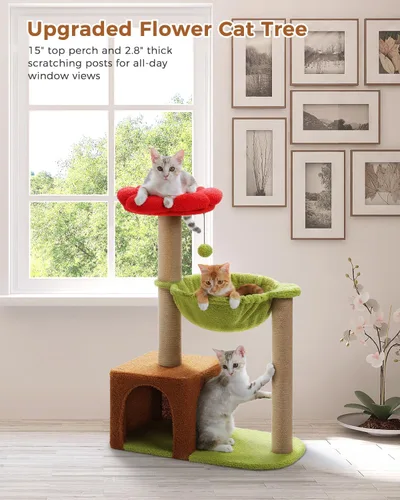 Miniatura 7 de MUTTROS Árbol para gatos con flores con postes rascadores de sisal, linda torre para gatos de 35" con hamaca verde grande para gatos pequeños