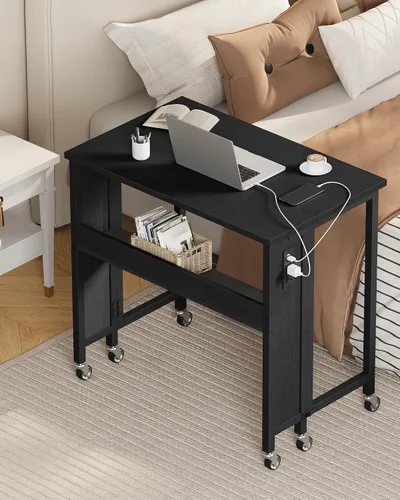 Miniatura 7 de CHOEZON Escritorio plegable moderno para computadora de 31.5 pulgadas con tomas de corriente, ruedas, almacenamiento, perfecto para espacios Negro