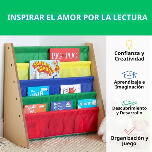 Miniatura 5 de Tot Tutores WO697 Colección de amigos, librería de almacenamiento en bastidor de libros para niños, blanco, rosa y púrpura, Madera, Natural/Primario