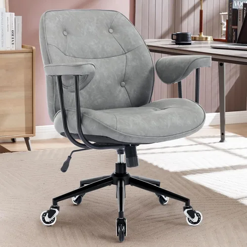 Miniatura 10 de Silla de escritorio de oficina en casa, silla retro de piel sintética con soporte lumbar y ruedas de goma, silla ergonómica de computadora