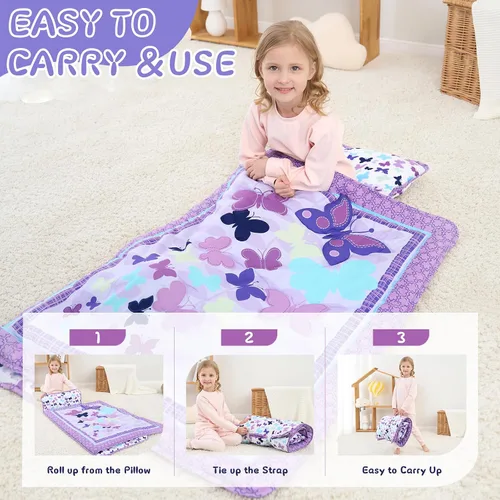 Miniatura 4 de UOMNY Tapete para siesta para niñas y niños pequeños con almohada extraíble y manta con diseño de mariposa, saco de dormir para preescolar