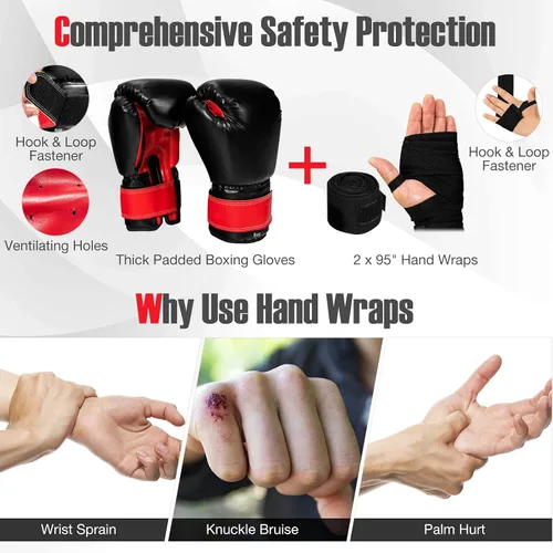 Miniatura 6 de GYMAX Saco de boxeo para niños, saco de boxeo prellenado con guantes de boxeo, envolturas de mano y bolsa de transporte, saco de boxeo pesado