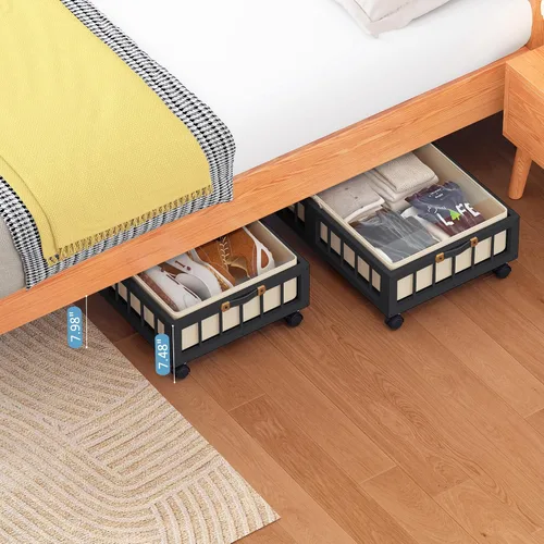 Miniatura 2 de efluky Paquete de 2 contenedores de almacenamiento de bambú debajo de la cama con ruedas, cesta de almacenamiento de ropa debajo de la cama