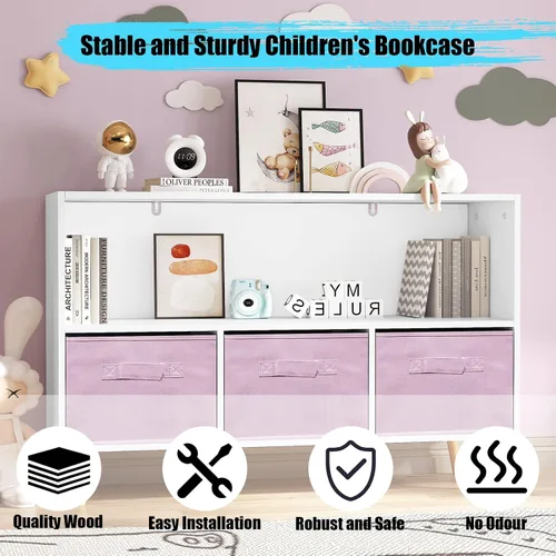 Miniatura 5 de Estantería para niños, organizador de almacenamiento de juguetes, estantería para niños con 3 cajones de tela plegables y patas de madera, Rosado