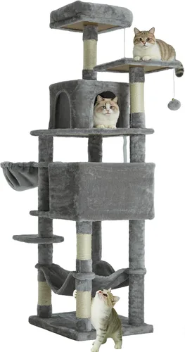Miniatura 11 de Árbol para gatos de 35.8 pulgadas con cama doble para gatos y hamaca, rascador de felpa con plataforma cómoda para dormir y pelota de juguete