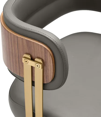 Miniatura 5 de ARTPLAN Silla de comedor moderna de mediados de siglo, sillas de cocina tapizadas de cuero con chapa de madera de nogal y patas de metal dorado, Gris