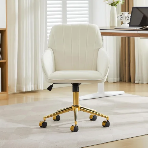 Miniatura 4 de YITAI Silla de escritorio de terciopelo con ruedas y base dorada, silla de tocador tapizada moderna ajustable en altura con giro de 360 grados