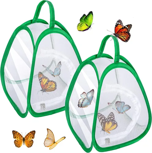 2 jaulas de hábitat de mariposa de 10 x 8.8 x 8 pulgadas, plegable de malla para insectos, hábitat portátil de red de mariposas con cremallera para
