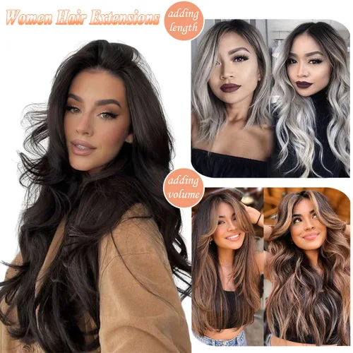 Miniatura 2 de Extensiones de cabello con pinzas, 7 piezas de 24 pulgadas, onduladas, rizadas, extensiones sintéticas de trama gruesa, para mujer, color marrón