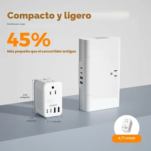 Miniatura 5 de TESSAN - Convertidor de voltaje compacto de 220 V a 110 V de EE. UU. a Europa, adaptador de viaje universal con 2 salidas de CA y 2 USB (1 USB-C)