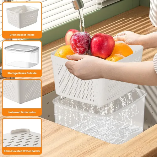 Miniatura 3 de Recipientes de almacenamiento de frutas para nevera, 5 recipientes para poduce para refrigerador, con cesta de drenaje extraíble, mantiene la fruta