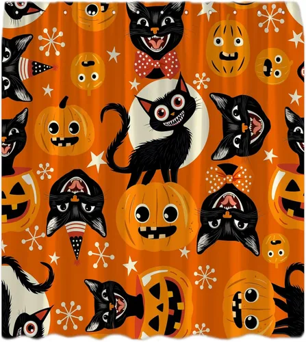 Vintage Halloween Shower Curtain Retro 70s Funny Black Cat Spooky Orange Pumpkin Gothic Cartoon Witch Kitten Scary Bath Decor Curtain with Hooks,